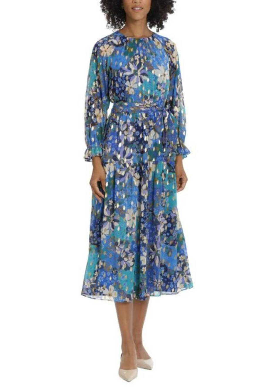 NEW MAGGY LONDON belted keyhole metallic floral dress in cream teal
